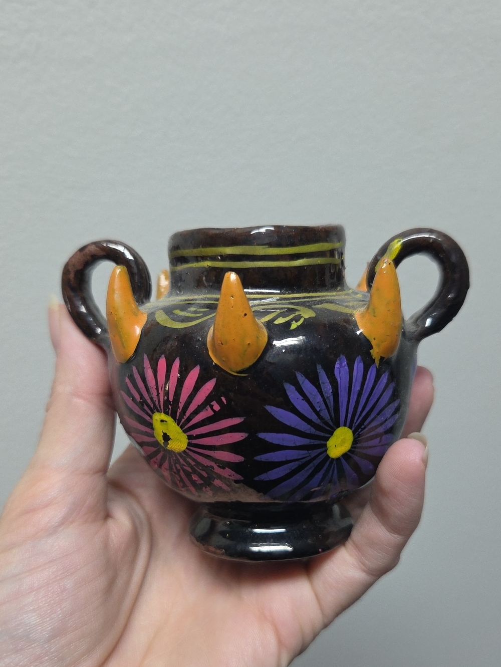 Hand-Painted Floral Ceramic Vase in Black with Pink & Purple Accents
